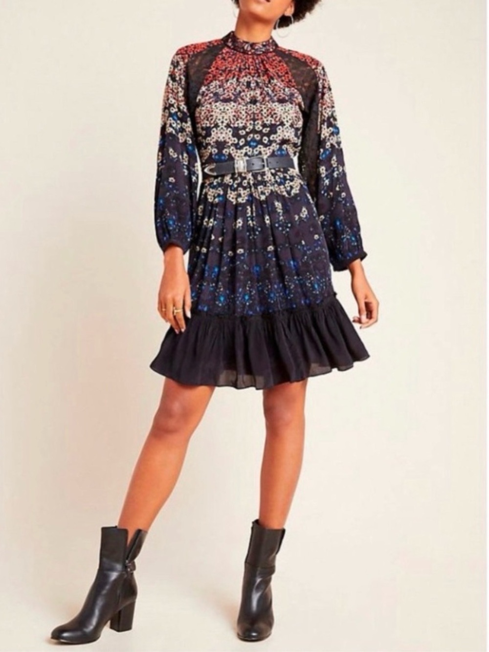 Bhanuni by Jyoti Anthropologie Floral Long-Sleeve Ruffle Hem Navy Dress